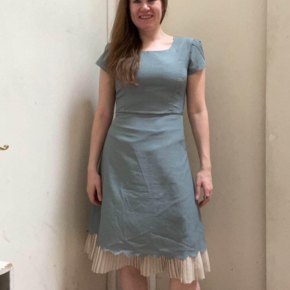 Mikarose Dusty Blue Midi Dress | Tulip Sleeves & Scalloped Hem | Size S